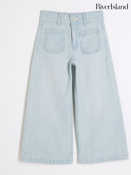 River Island Blue Girls Denim 100% Cotton Cropped Wide Leg Jeans (F96516) | €30