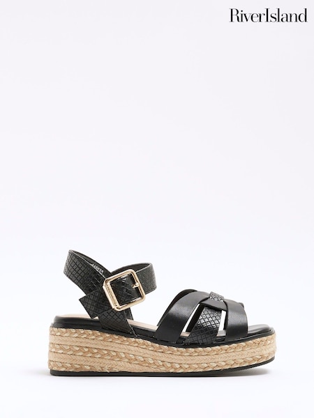 River Island Black Girls Faux Leather Weave Wedge Sandals (F96533) | €37