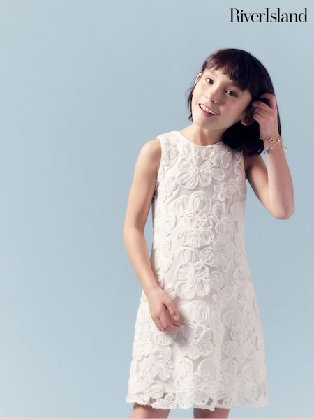 River Island Cream Girls 3D Flower Shift Dress (F96554) | ₪151