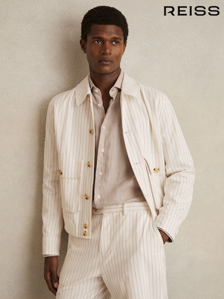 Reiss Off White/Taupe Brown Easton Cotton-Blend Pinstripe Harrington Jacket (F96637) | AED1,656