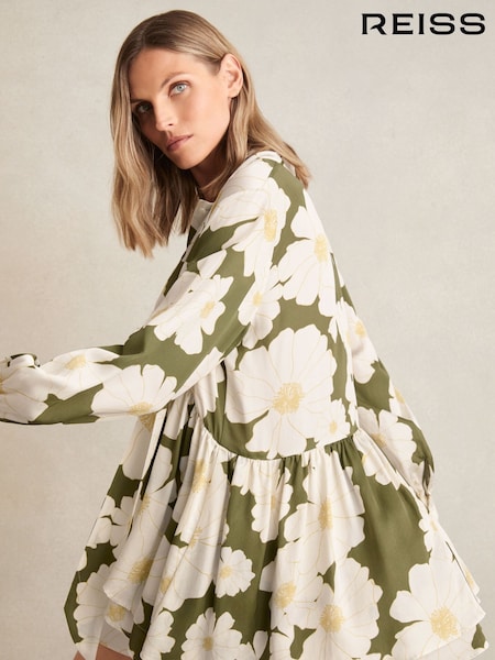 Reiss Ivory/Green Neva Floral Tie-Neck Swing Dress (F96660) | 1,323 QAR