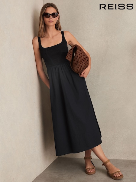 Reiss Navy Kori Perforated-Knit Cotton-Skirt Midi Dress (F96661) | €285