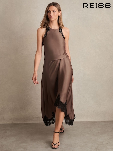 Mokkabraun - Reiss Anais Satin Drape Lace-Trim Dress (F96670) | 281 €