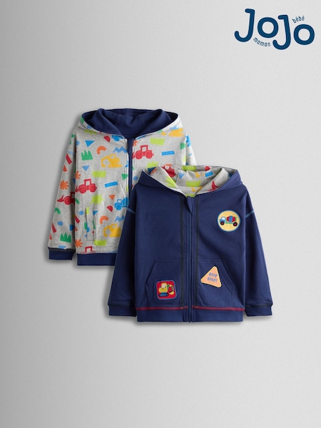 JoJo Maman Bébé Navy Blue Construction Appliqué Reversible Hoodie (F96671) | AED157 - AED175