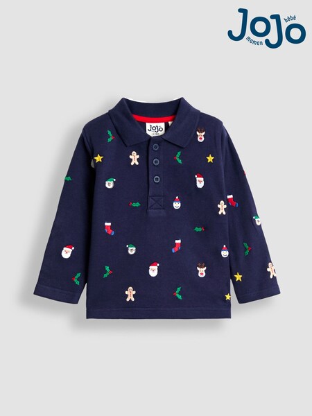 JoJo Maman Bébé Navy Blue Christmas Embroidered Polo Shirt (F96759) | R$ 180 - R$ 205