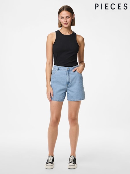 PIECES Blue 100% Cotton Mid Waist Denim Shorts (F96800) | €42