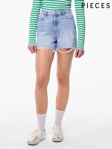 PIECES Blue High Waist Distressed Denim Shorts (F96802) | €45