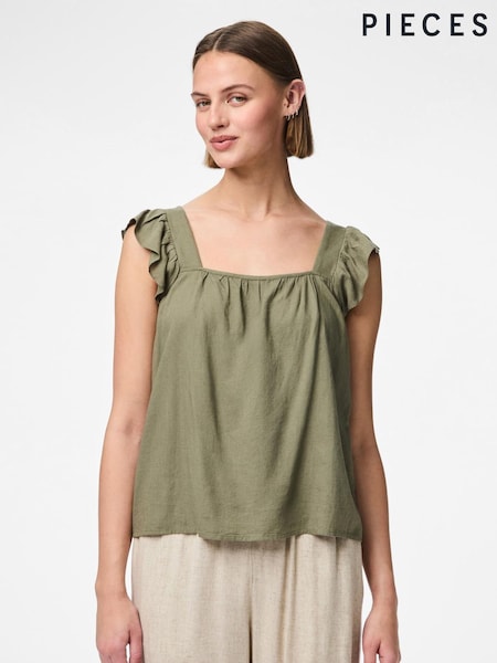 PIECES Green Linen Blend Frill Sleeve Vest Top (F96804) | €31