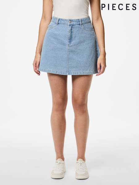 PIECES Blue 100% Cotton A Line Denim Mini Skirt (F96805) | ₪161