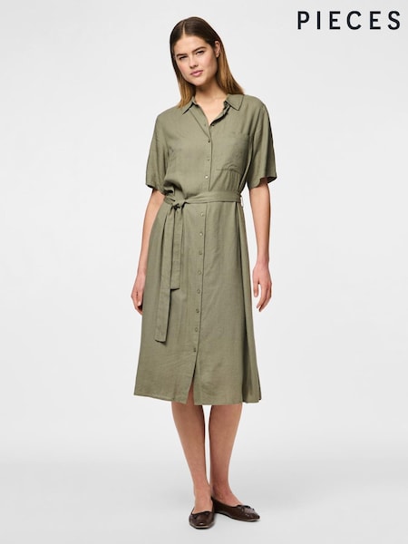 PIECES Green Linen Blend Short Sleeve Shirt Dress (F96808) | €51
