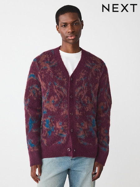 Burgundy Red Relaxed Fit Floral Pattern Cardigan (F96838) | AED166