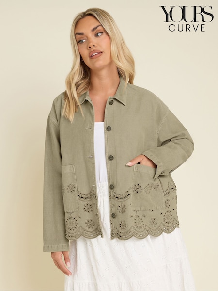 Yours Curve Green 100% Cotton Broider Twill Shacket (F96928) | €79