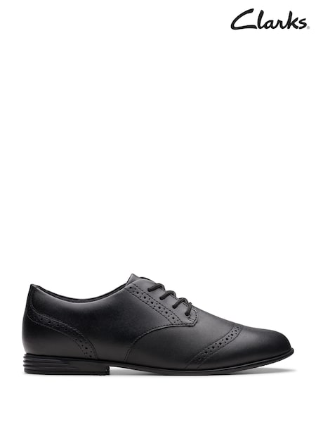 Clarks Black Extra Wide Fit (H) Leather Finja Brogue Youth Shoes (F96964) | €72 - €74