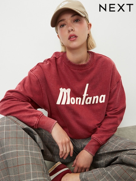 Burgunderrot - Washed City Graphic Crew Neck Long Sleeve Cotton Rich Sweatshirt (F96965) | 38 €