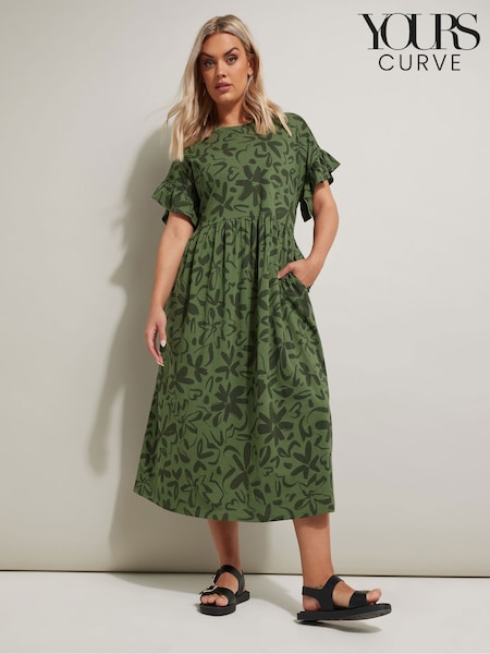Yours Curve Green 100% Cotton Frill Midaxi Dress (F97010) | €39