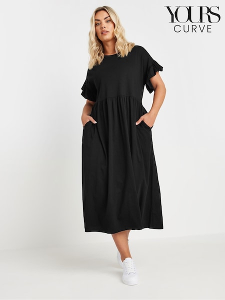 Yours Curve Black 100% Cotton Frill Midaxi Dress (F97015) | €36