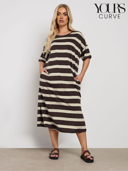 Yours Curve Brown Drop Shoulder Striped Throw On 100% Cotton Dress (F97016) | €36