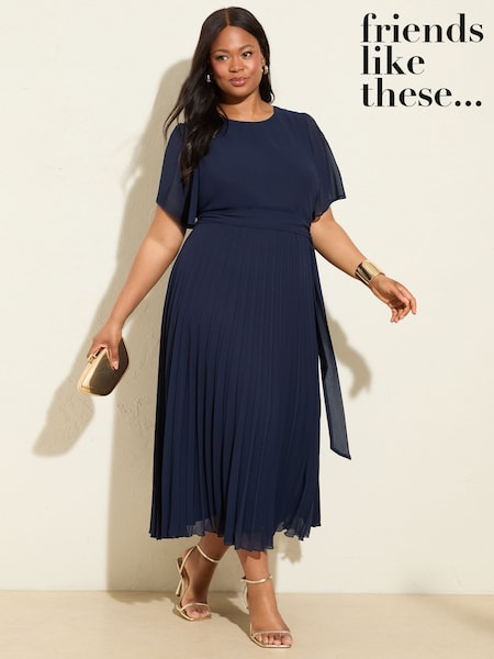 Friends Like These Navy Curve Angel Sleeve Chiffon Pleat Midi Dress (F97046) | AZN 180