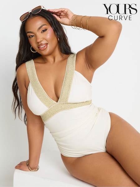 Valkoinen - Yours Curve Metallic Tape Plunge Swimsuit (F97068) | €61