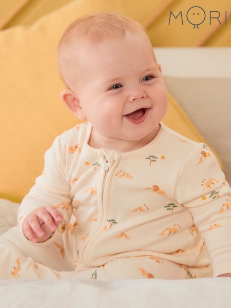 MORI Cream Lion Print Cotton/Viscose Blend 2 Way Zip Sleepsuit (F97210) | 47 €