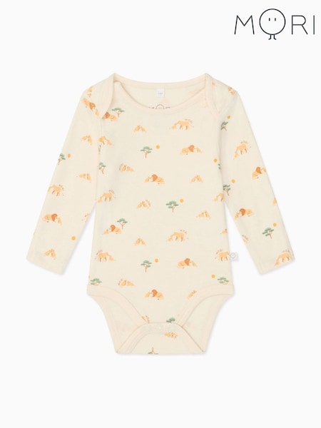 MORI Cream Lion Print Organic Cotton/Viscose Blend Bodysuit (F97225) | $37