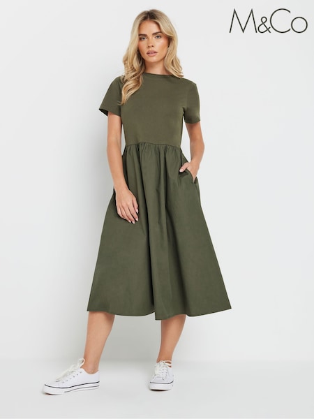 M&Co Green Petite Short Sleeve Midi 100% Cotton Dress (F97229) | €45