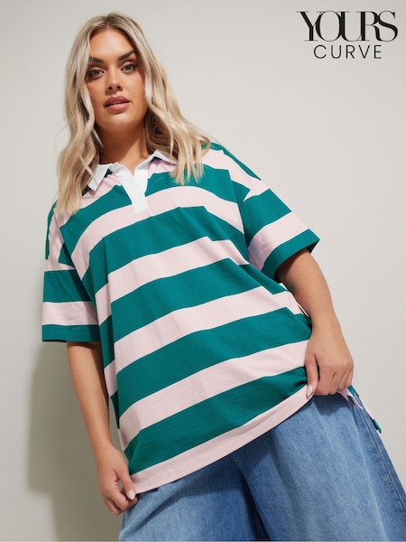 Yours Curve Green Rugby Collar Striped Contrast 100% Cotton Shirt (F97265) | R$ 285