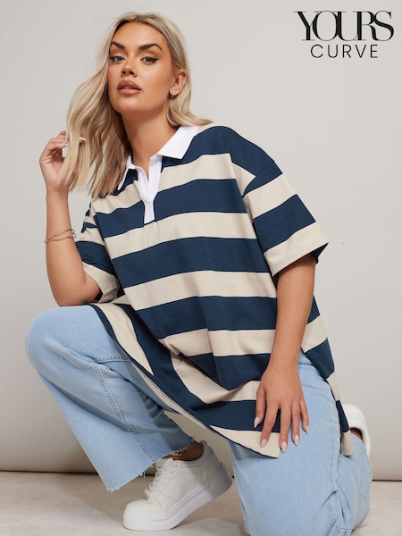 Yours Curve Blue Rugby Collar Striped 100% Cotton Shirt (F97275) | €36