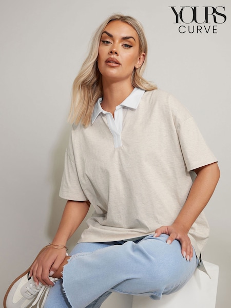 Yours Curve Natural Rugby Contrast Collar Boxy 100% Cotton Shirt (F97294) | €35