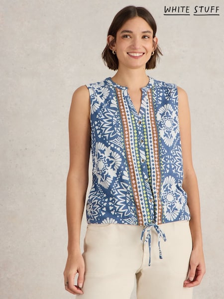 White Stuff Blue 100% Organic Cotton Tulip Sleeveless Shirt (F97384) | SGD 76