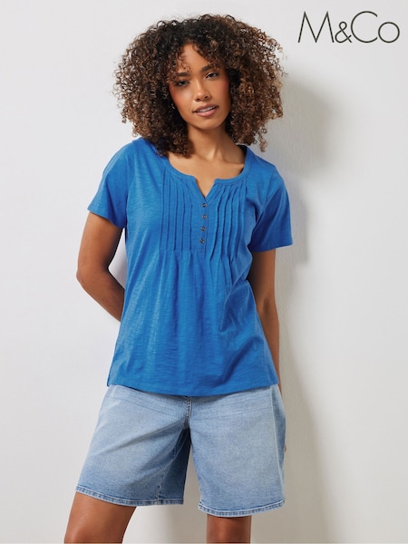 M&Co Short Sleeve 100% Cotton Henley Top (F97419) | 156 LEI