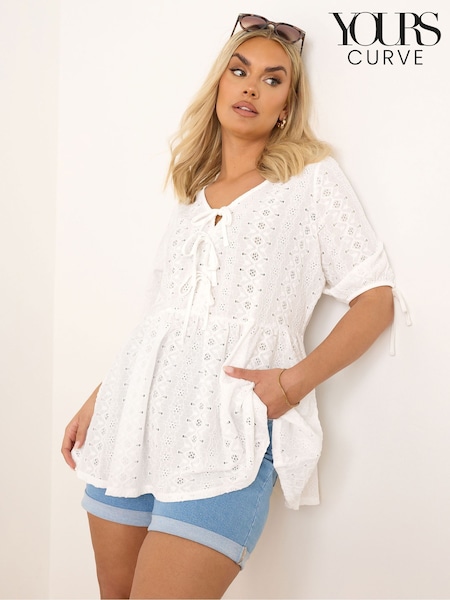 Valkoinen - Yours Curve Solmio Front Broderiet Peplum Pusero (F97483) | €46