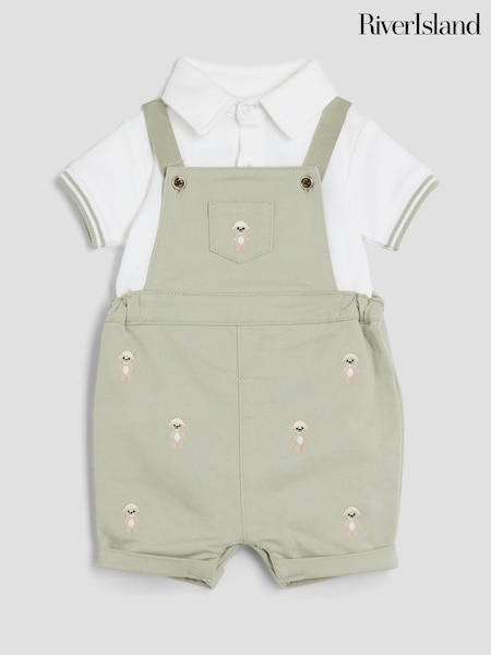 River Island Beige Boys Bear Dungaree Shorts Set (F97511) | €34