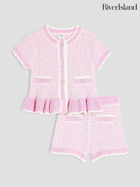 River Island Pink Baby Girls  Boucle Peplum Knit Top And Short Set (F97559) | €38