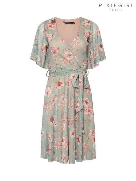 PixieGirl Petite Pink Chrome Floral Print Mesh Wrap Midi Dress (F97568) | ₪196