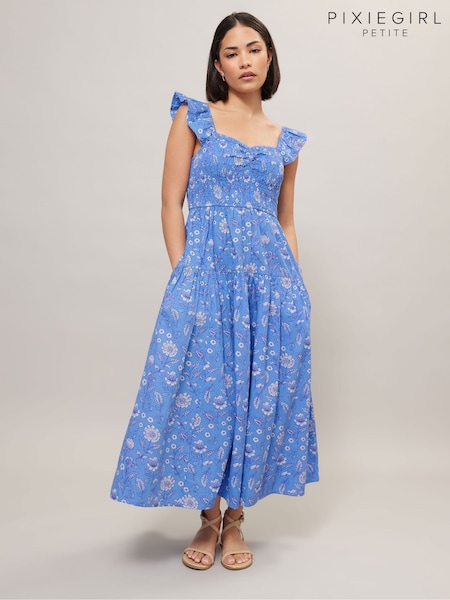 PixieGirl Petite Blue Shirred Tiered 100% Cotton Dress (F97574) | €47