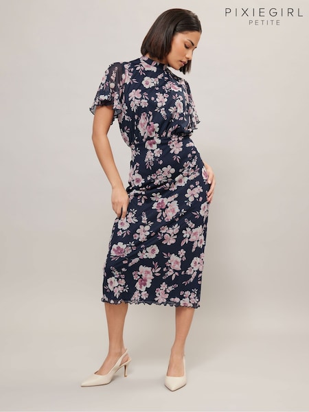 PixieGirl Petite Blue Floral Print Mesh Wrap Midi Dress (F97582) | €50