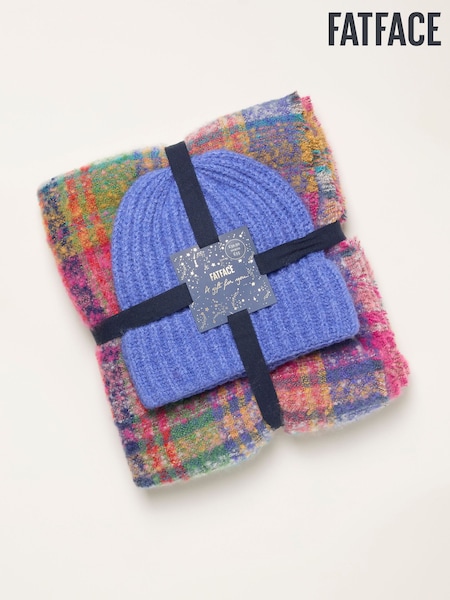 FatFace Multi Plain Hat and Check Scarf Gift Set (F97614) | AED230