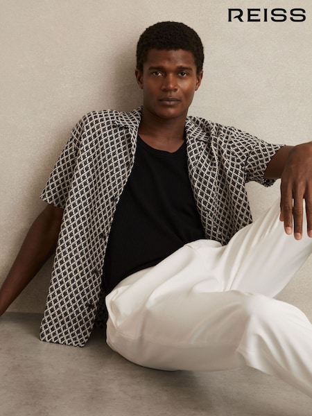 Reiss Navy/White Sterling Geometric-Crochet Cuban-Collar Shirt (F97645) | €174