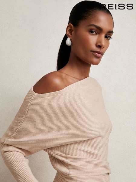 Reiss Oatmeal Neutral Lorna Asymmetric Draped Knitted Jumper (F97651) | €145