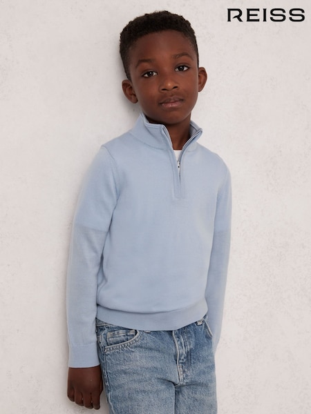 Reiss Soft Blue Melange Blackhall 9-13 yrs Merino Wool Half-Zip Funnel Neck Jumper (F97666) | €55