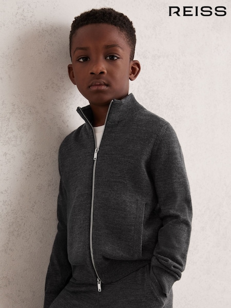 Reiss Derby Grey Melange Hampshire 3-9 yrs Merino Wool Zip-Through Funnel-Neck Cardigan (F97668) | €55