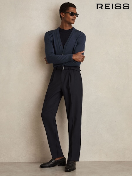 Reiss Navy Strap Wool-Blend Belted Pleated Trousers Regular-Fit (F97669) | €225