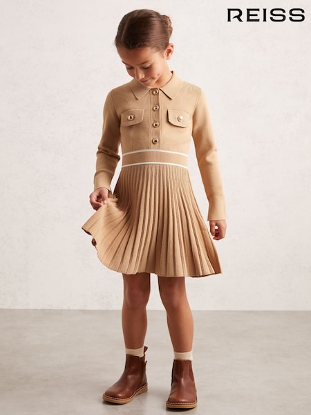 Reiss Camel Sapna 4-9 yrs Knitted Contrast Stitch Dress (F97693) | AED504