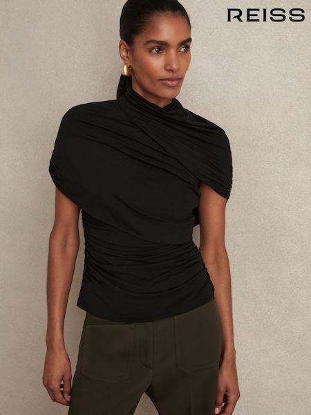 Reiss Black Zuri Stretch Lyocell Draped Top (F97712) | €145
