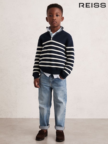 Reiss Navy/Off White Graham 9-13 yrs Cotton-Blend Stripe Half-Zip Jumper (F97714) | 338 QAR