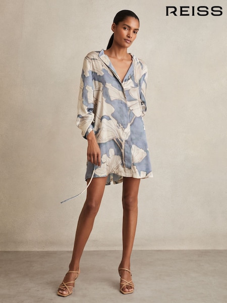 Reiss Blue Megan Floral Gathered Cut-Out Shirt Dress (F97732) | $415