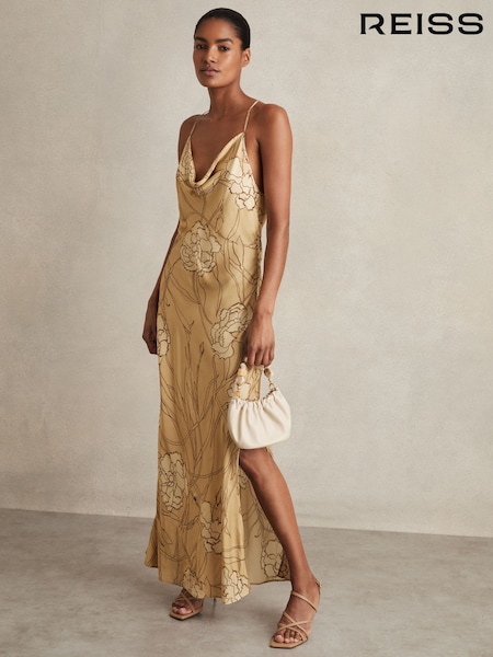 Reiss Gold Rochelle Satin Floral-Print Slip Maxi Dress (F97750) | 1,455 QAR
