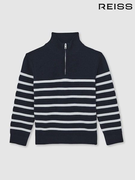 Reiss Navy/Off White Graham 13-14 yrs Cotton-Blend Stripe Half-Zip Jumper (F97792) | 353 QAR