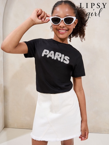 Lipsy Black 100% Cotton Embellished Paris T-Shirt (5-16yrs) (F97802) | 961 UAH - 1,442 UAH